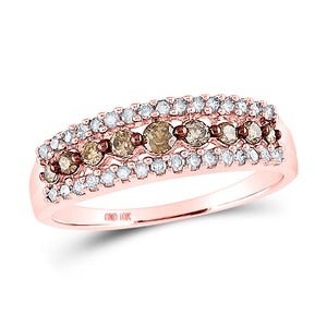 14kt Rose Gold Womens Round Brown Diamond Triple Row Band Ring 1/2 Cttw