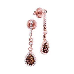 10kt Rose Gold Womens Round Brown Diamond Dangle Earrings 1/2 Cttw