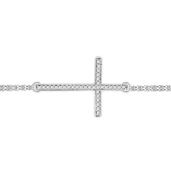10kt White Gold Womens Round Diamond Sideways Cross Bracelet 1/10 Cttw