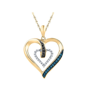 10kt Yellow Gold Womens Round Blue Color Enhanced Diamond Heart Pendant 1/6 Cttw