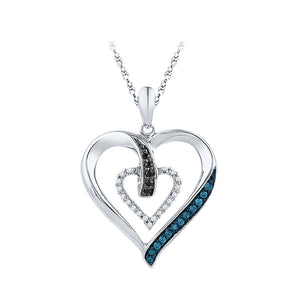 10kt White Gold Womens Round Black Blue Color Enhanced Diamond Heart Pendant 1/6 Cttw