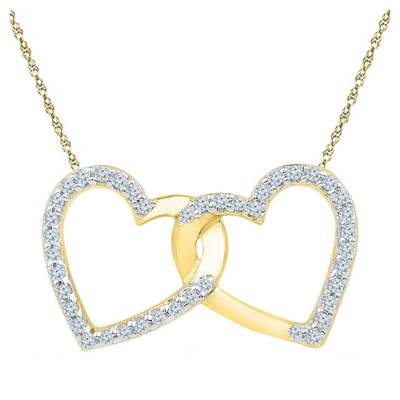 10kt Yellow Gold Womens Round Diamond Double Linked Heart Pendant 1/6 Cttw