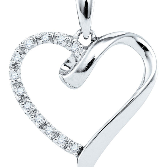 Sterling Silver Womens Round Diamond Heart Pendant 1/20 Cttw