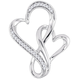 Sterling Silver Womens Round Diamond Double Linked Heart Pendant 1/10 Cttw