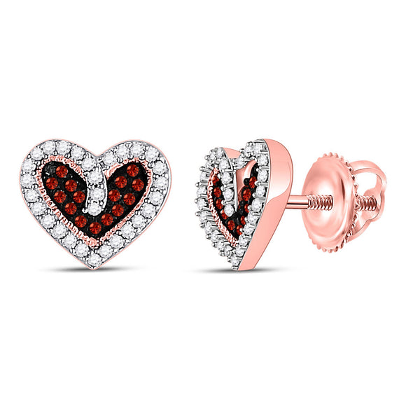 10kt Rose Gold Womens Round Red Color Enhanced Diamond Heart Earrings 1/5 Cttw