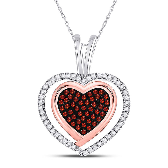 10kt White Gold Womens Round Red Color Enhanced Diamond Heart Pendant 1/12 Cttw