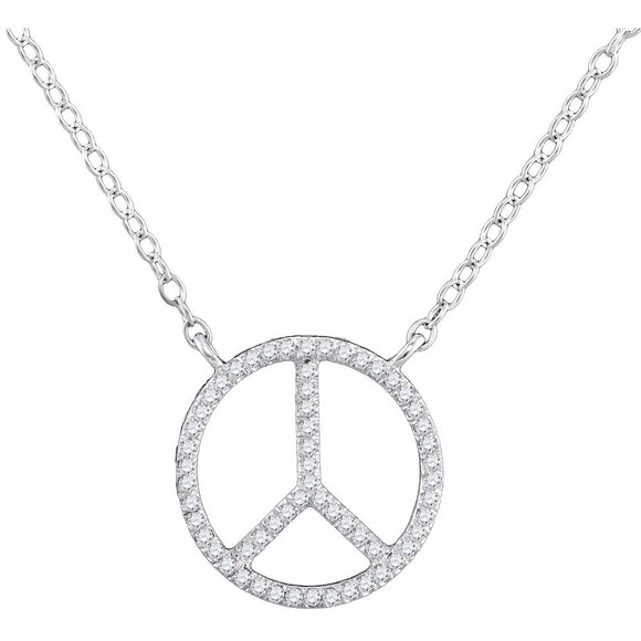 10kt White Gold Womens Round Diamond Peace Sign Circle Pendant Necklace 1/6 Cttw