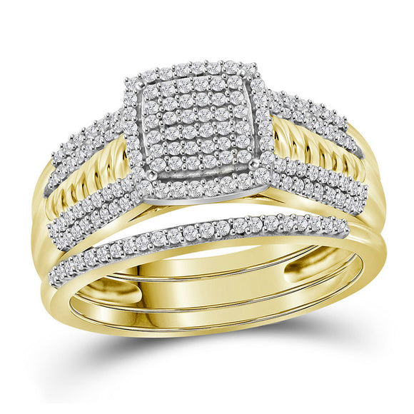 10kt Yellow Gold Round Diamond Cluster Bridal Wedding Ring Band Set 3/8 Cttw