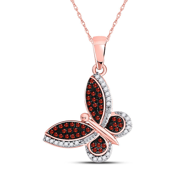 10kt Rose Gold Womens Round Red Color Enhanced Diamond Butterfly Bug Pendant 1/5 Cttw