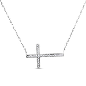 10kt White Gold Womens Round Diamond Horizontal Cross Necklace 1/10 Cttw