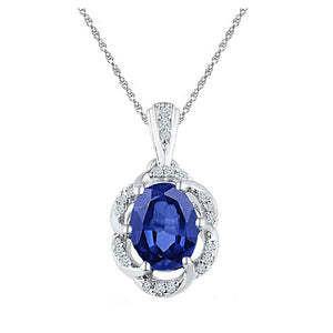 10kt White Gold Womens Oval Synthetic Blue Sapphire Solitaire Diamond Pendant 1-3/4 Cttw