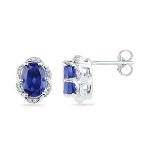 10kt White Gold Womens Oval Synthetic Blue Sapphire Solitaire Diamond Earrings 2-1/2 Cttw