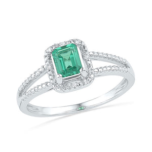 10kt White Gold Womens Synthetic Emerald Solitaire Diamond Split-shank Ring 1-1/2 Cttw