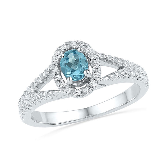 10kt White Gold Womens Oval Synthetic Blue Topaz Solitaire Diamond Ring 1/2 Cttw